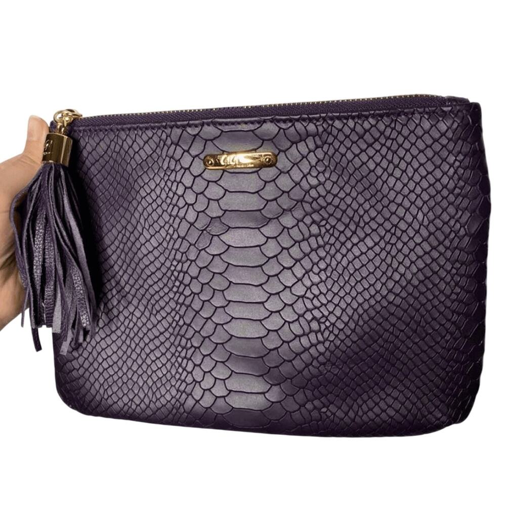 GiGi New York Python Leather Embossed Zip All-In-One Tassel Clutch Bag Purple